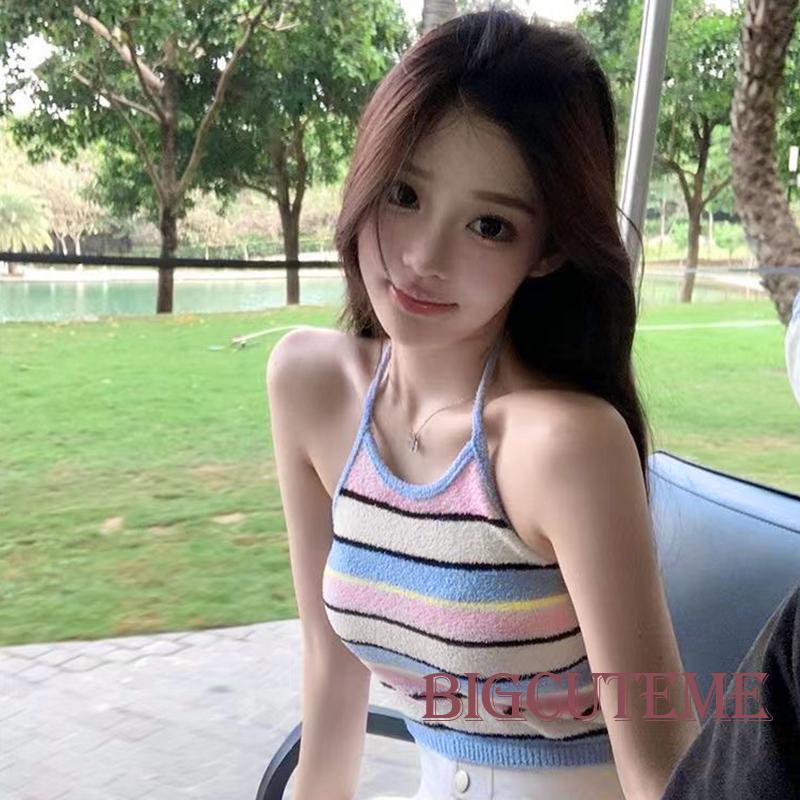 [] - Áo Croptop Dệt Kim Không Tay Kẻ Sọc Nhiều Màu Sắc Mùa Hè Cho Nữ