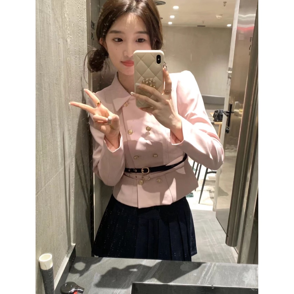 Bộ Áo Khoác Hai Hàng Nút Cài Eo Cao + Chân Váy Ngắn Màu Hồng Phong Cách Preppy Ngọt Ngào Dành Cho Nữ