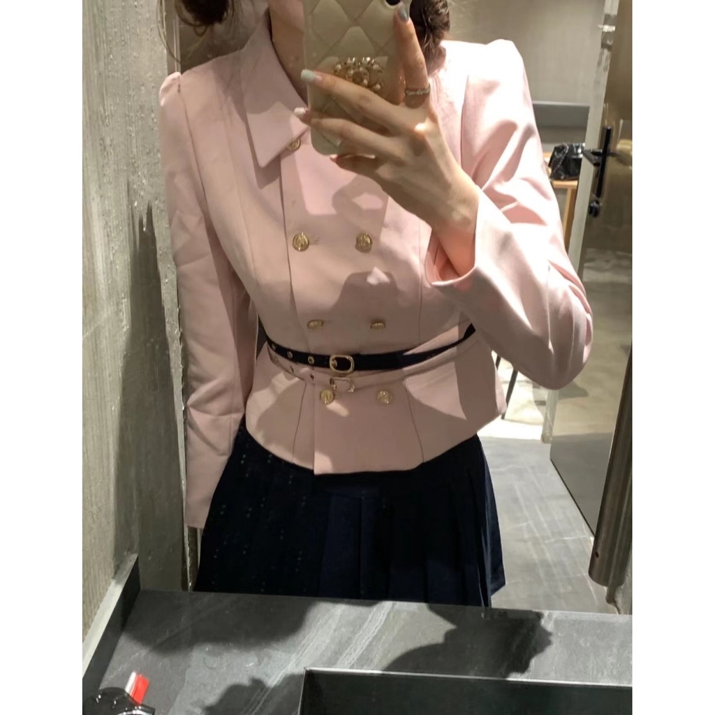 Bộ Áo Khoác Hai Hàng Nút Cài Eo Cao + Chân Váy Ngắn Màu Hồng Phong Cách Preppy Ngọt Ngào Dành Cho Nữ