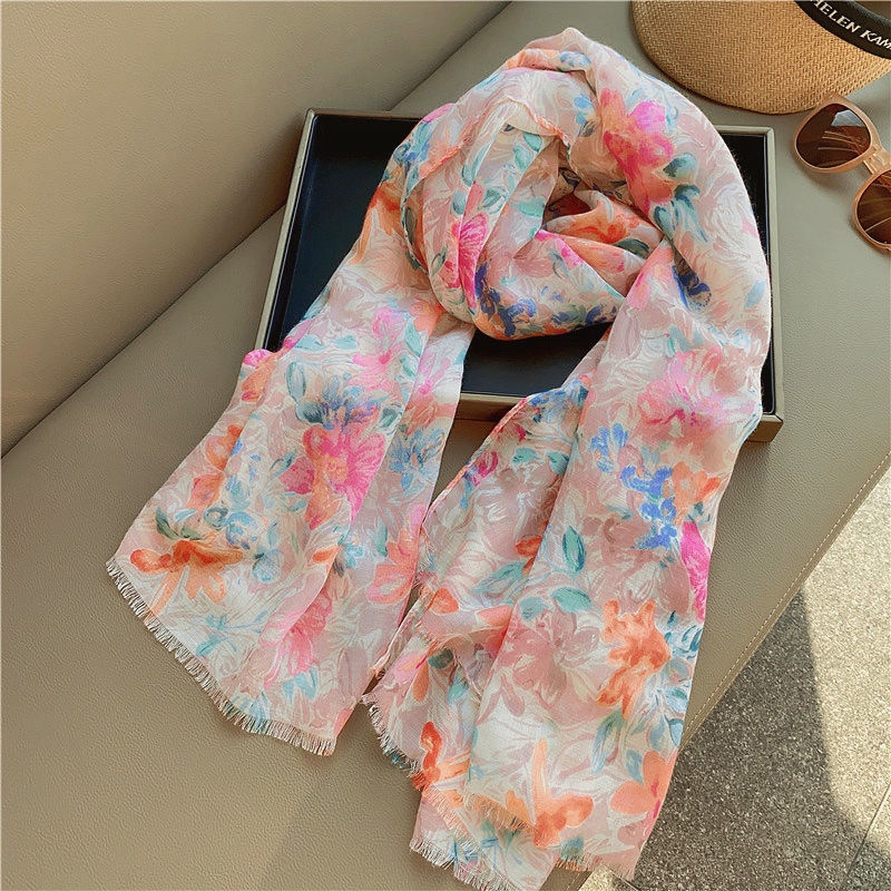 Khăn Choàng Cotton Lanh Chính Hãng Thiết Kế Hoa Hồng Cao Cấp Chống Nắng Đi Biển Du Lịch Cho Nữ