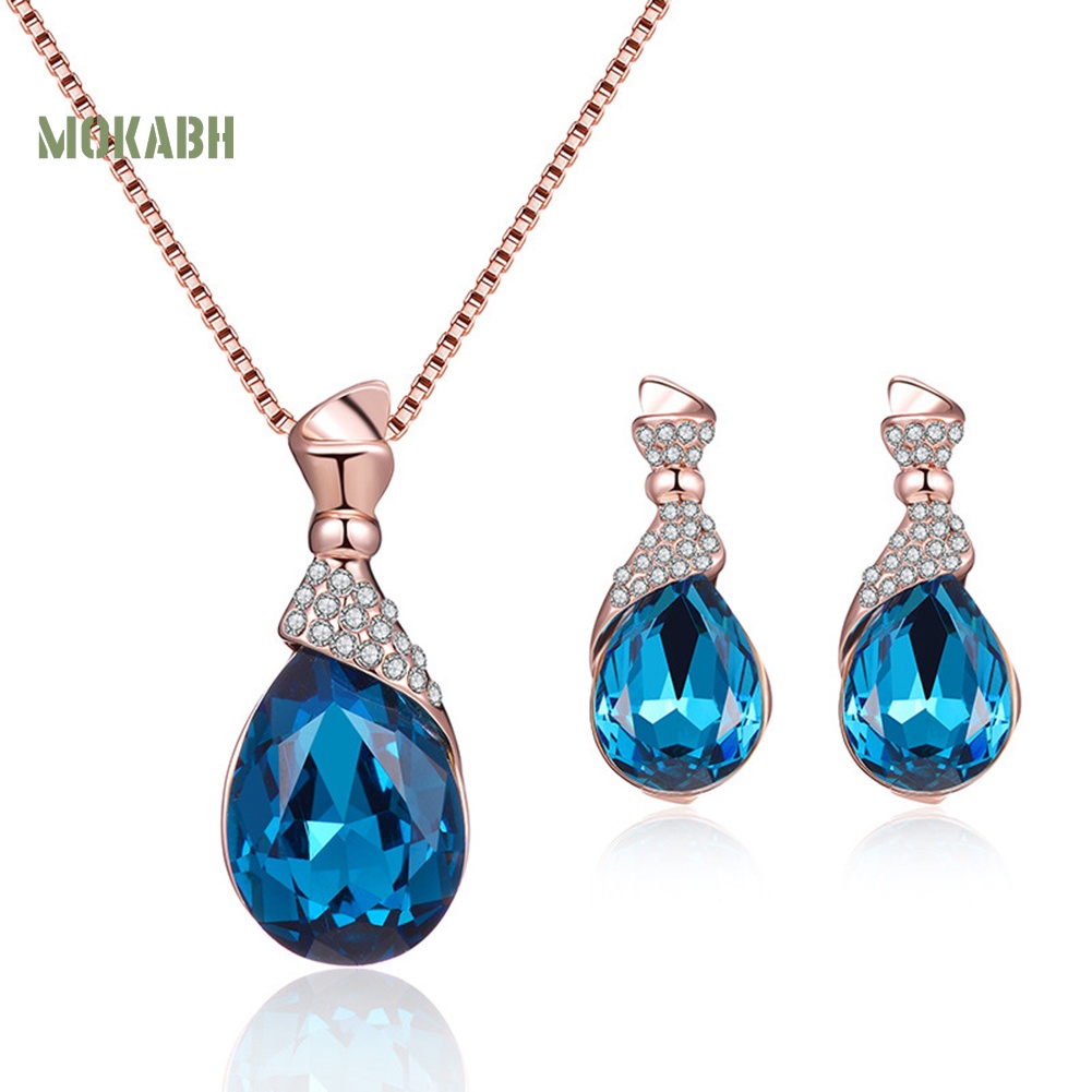 [Mok Abh] Bộ Vòng cổ Và Bông Tai Hình Giọt Nước Có Đính Kim Cương Giả