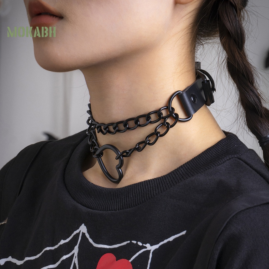 Vòng Cổ Choker Bằng Da Nhân Tạo Hai Lớp Hình Trái Tim Phong Cách Gothic Punk