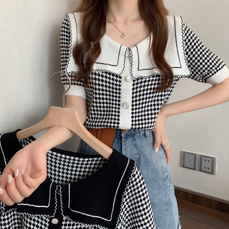 Cozok Áo Thun Dệt Kim Tay Ngắn Cổ Thủy Thủ Màu Tương Phản Thời Trang