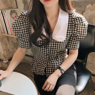 Phong Cách Hàn Quốc Nữ Tay Phồng Top Búp Bê Cổ Khâu Đen Trắng Lưới Họa Tiết Puff Tay Áo Sơ Mi Tay Ngắn