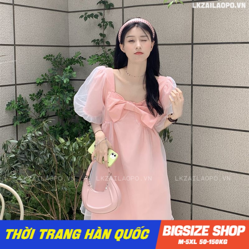 Váy đầm nữ Bigsize Đầm babydoll dáng suông tay phồng cổ vuông Phối Nơ mùa hè Phong Cách hàn quốc đẹp Thanh Lịch cho nữ