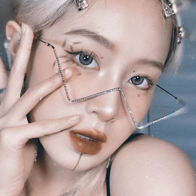 Mắt Kính Nửa Gọng Kim Loại Đính Đá Độc Đáo Phong Cách Hip Hop Thời Trang