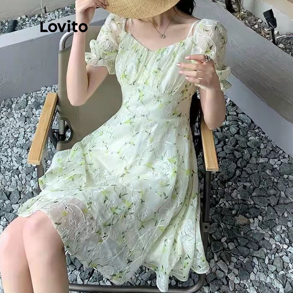 Lovito Váy thêu hoa boho Jacquard tay phồng có lót cho nữ LNE09224 (Màu xanh lợt)