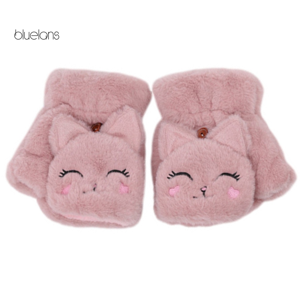 1 Đôi Găng Tay Hở Ngón Chống Lạnh Dày Dặn Thêu Họa Tiết Mèo Hoạt Hình Dễ Thương Cho Nữ