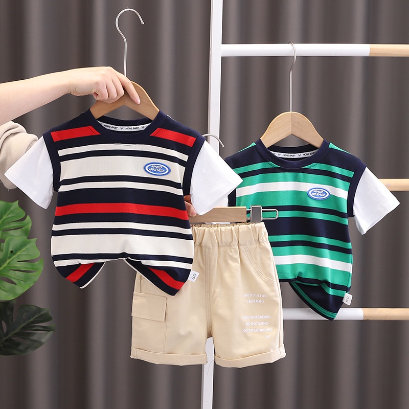 Set Đồ Mùa Hè 2 Món Gồm Áo Sơ Mi Kẻ Sọc + Quần Ngắn Thời Trang Cho Bé Trai