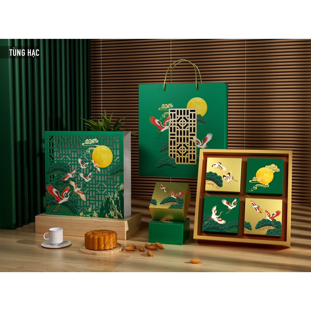 Hộp trung thu 4 bánh Tùng Hạc Xanh⚡ HÀNG LOẠI 1 ⚡ hộp giấy ivory đựng bánh size 125g-250g