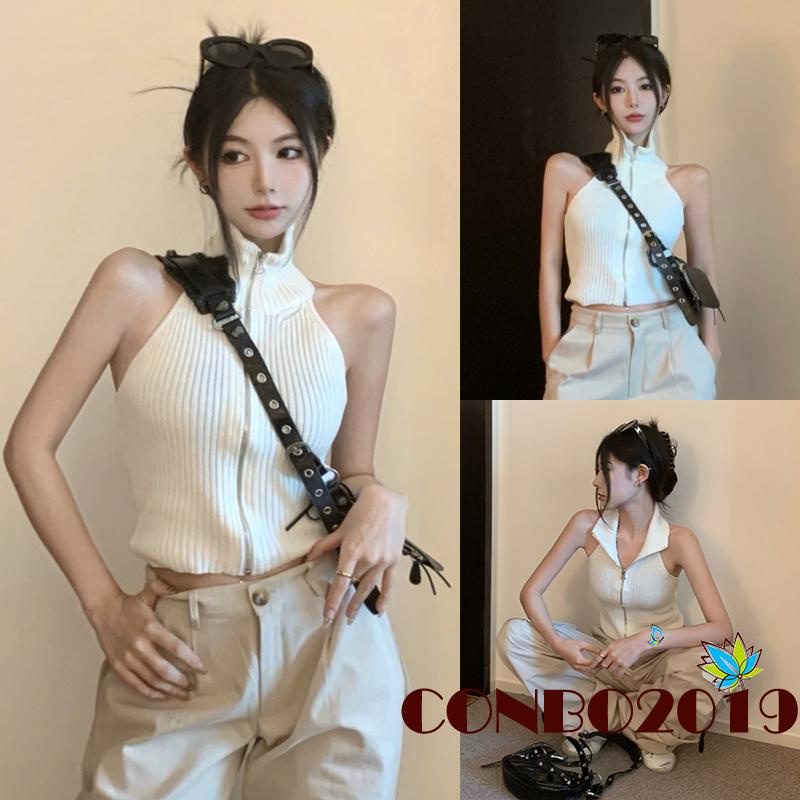 Áo Crop Top Dệt Kim Màu Sắc Đơn Giản Phối Khóa Kéo Thời Trang Mùa Hè Cho Nữ