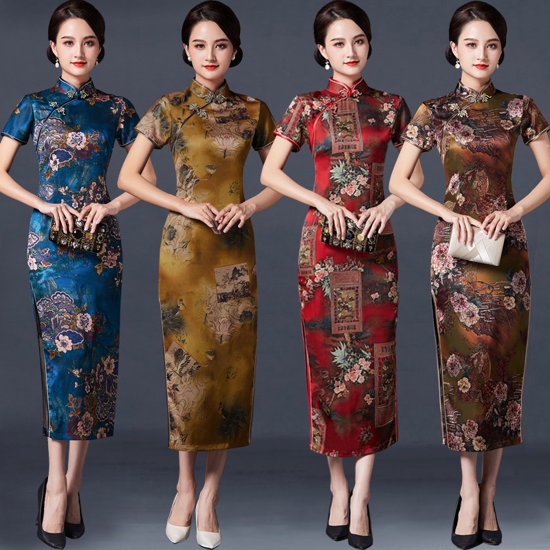 Đầm Sườn Xám Tay Ngắn Cổ Đứng Giả Lụa Phong Cách Trung Hoa Cổ Điển Size S-6xl Thời Trang Cho Nữ