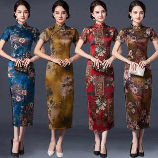 Đầm sườn xám tay ngắn cổ đứng giả lụa phong cách trung hoa cổ điển size s-6xl thời trang cho nữ