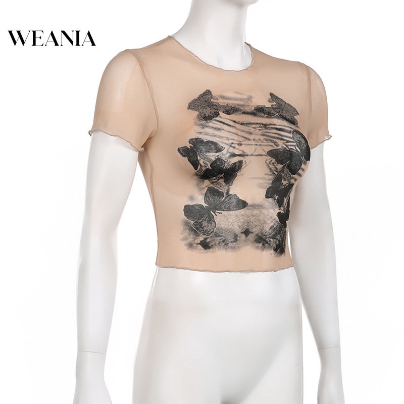 Áo Lưới Tay Ngắn Xuyên Thấu In Họa Tiết Bươm Bướm Cho Nữ