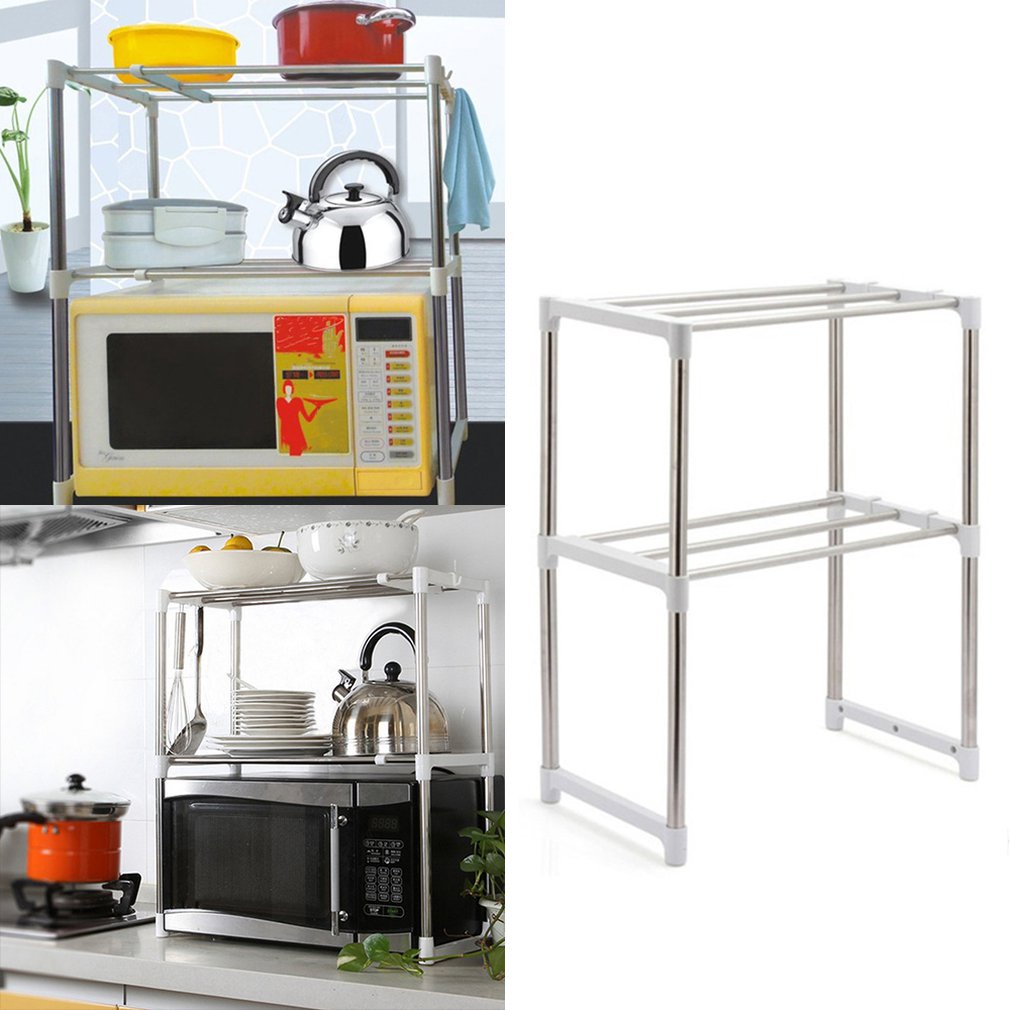 =Christmas=Practical Stainless Steel Kitchen Storage Rack Telescopic Microwave Oven Rack
