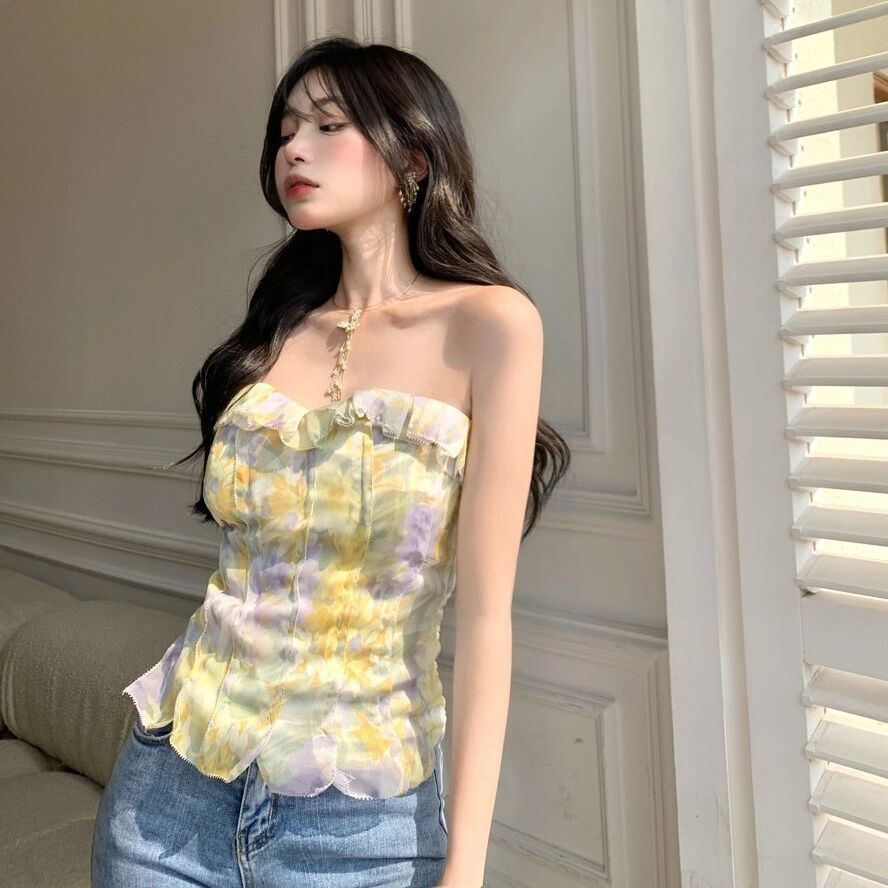 Áo Hai Dây Dáng Ngắn Họa Tiết Hoa Phong Cách Pháp Thời Trang Cho Nữ