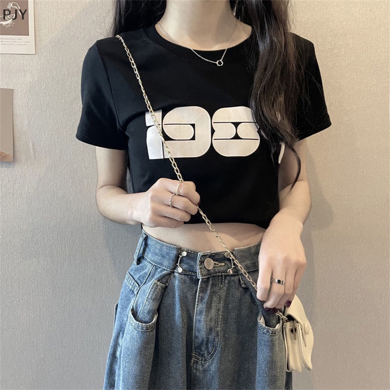Áo Thun Crop Top Tay Ngắn Cổ Tròn In Chữ Số Thời Trang Mùa Hè Cho Nữ PJ