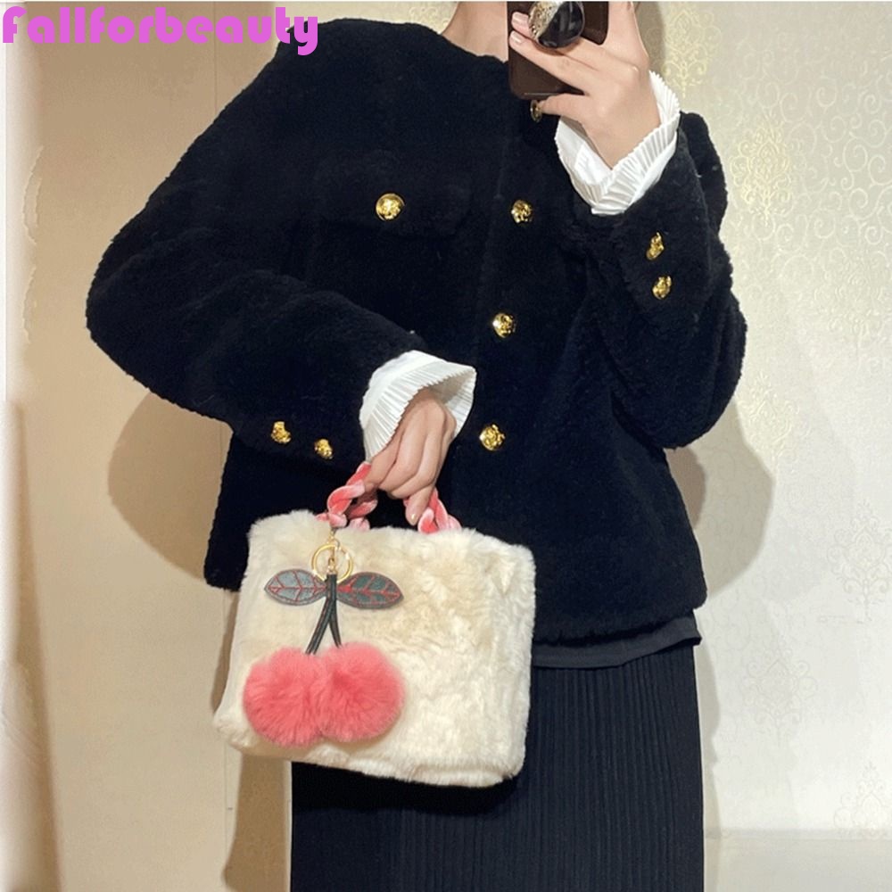 FALLFORBEAUTY Túi Xách Đeo Vai Hình Vuông Cỡ Lớn Phủ Lông In Họa Tiết Trái Cherry Thời Trang Mùa Đông Cho Nữ