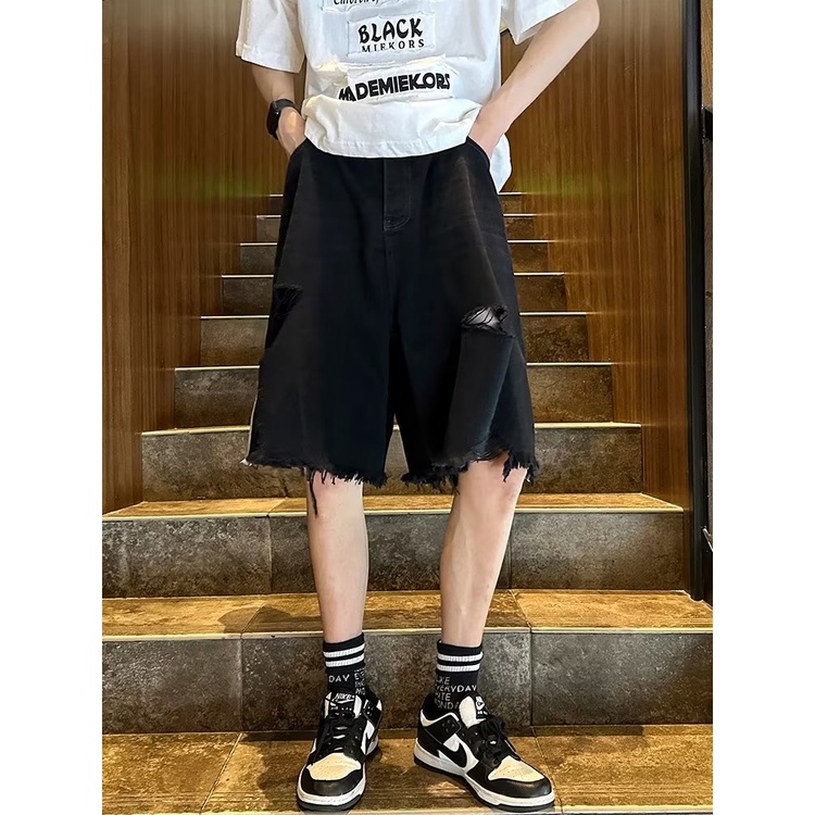 Quần Short Denim Dáng Rộng Phối Rách Kiểu Retro Mỹ Thời Trang Mùa Hè Cho Nam