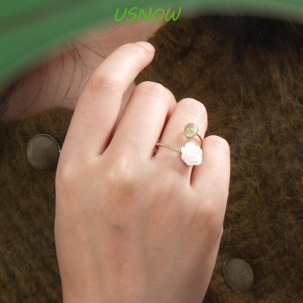 USNOW Nhẫn Hetian Họa Tiết Hình Học Hoa Hồng Trắng Hoa Trà Xanh Phong Cách Trung Hoa Retro Cá Tính