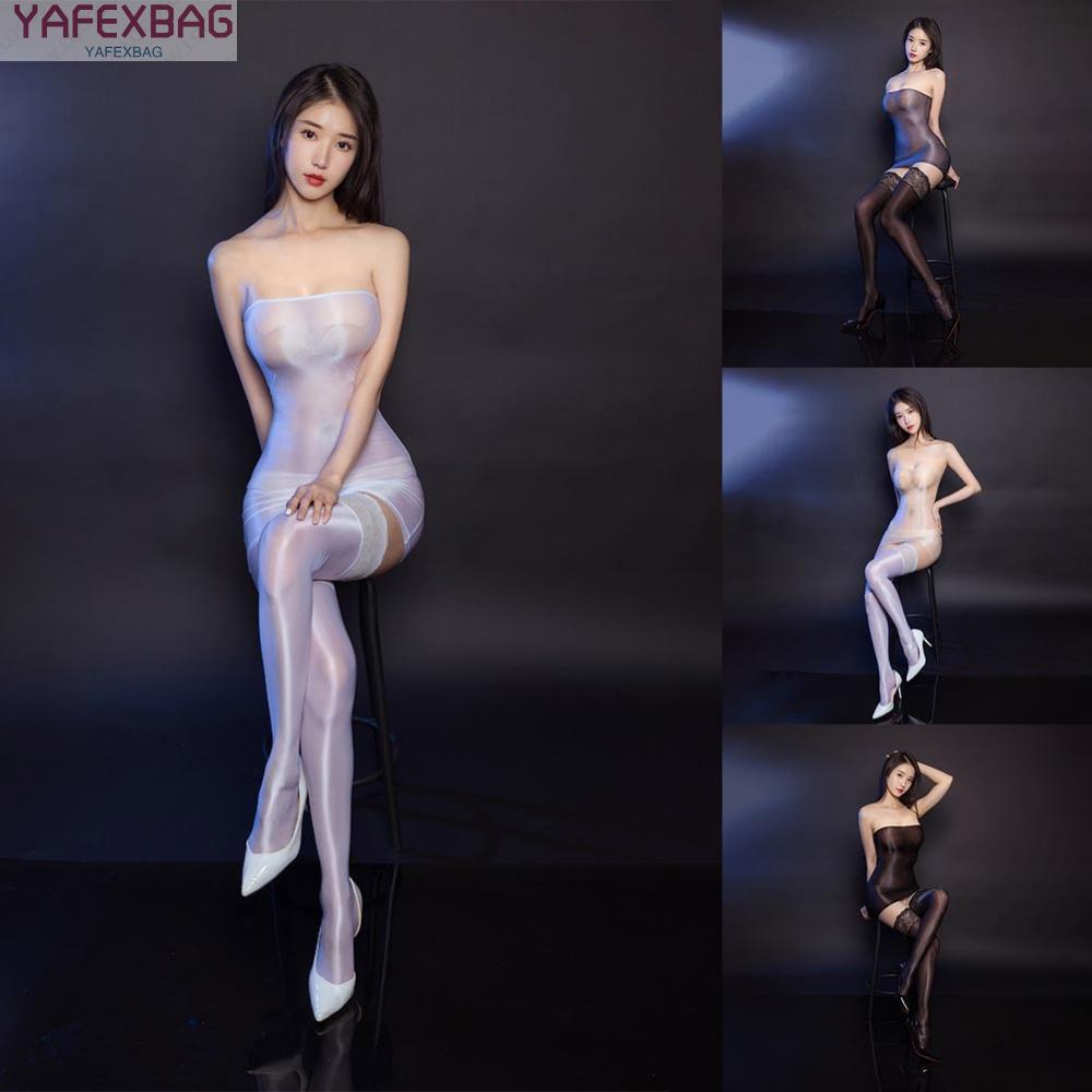 Women Oil Glossy Short Dress Bodycon Tube Dress See-Through Sheer Nightwear Club