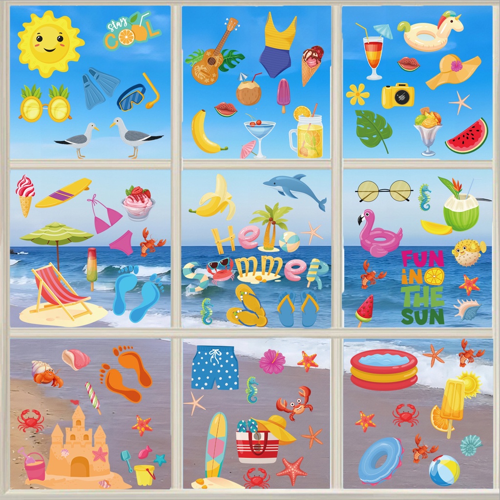 1 Bộ Miếng Dán Hình Bãi Biển Mùa Hè Hawaiian Chống Nước Trang Trí Cửa Sổ