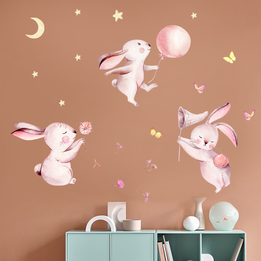 Bộ 2 Miếng Dán Tường Trang Trí Hình Thỏ Dễ Thương Bằng PVC Tự Dính Chống Nước 30x90cm