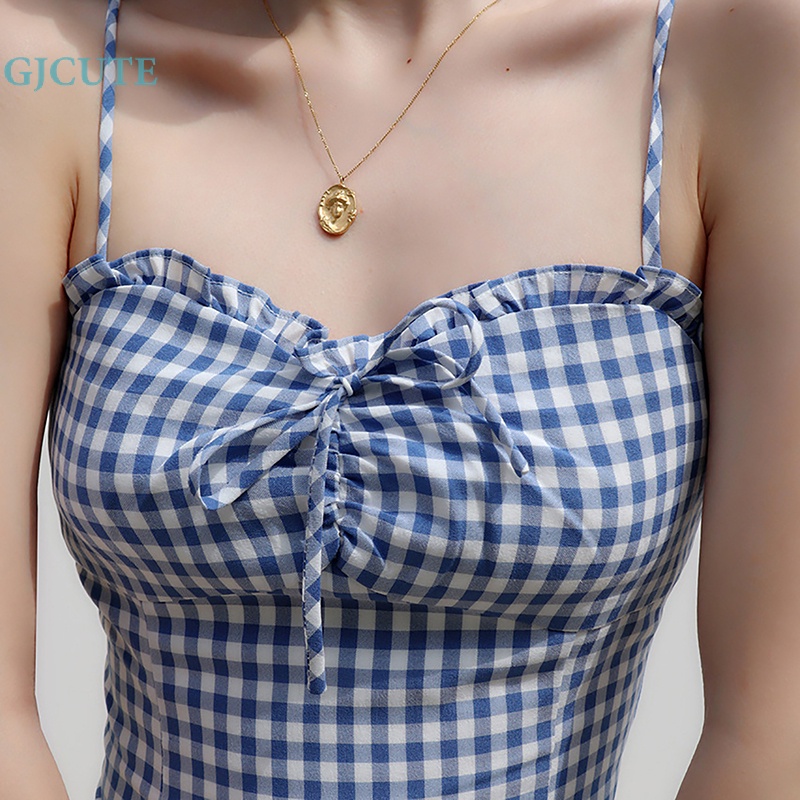 Áo Hai Dây Mỏng Mùa Hè Buộc Dây Họa Tiết Kẻ Sọc Cổ Điển Pháp Cho Nữ