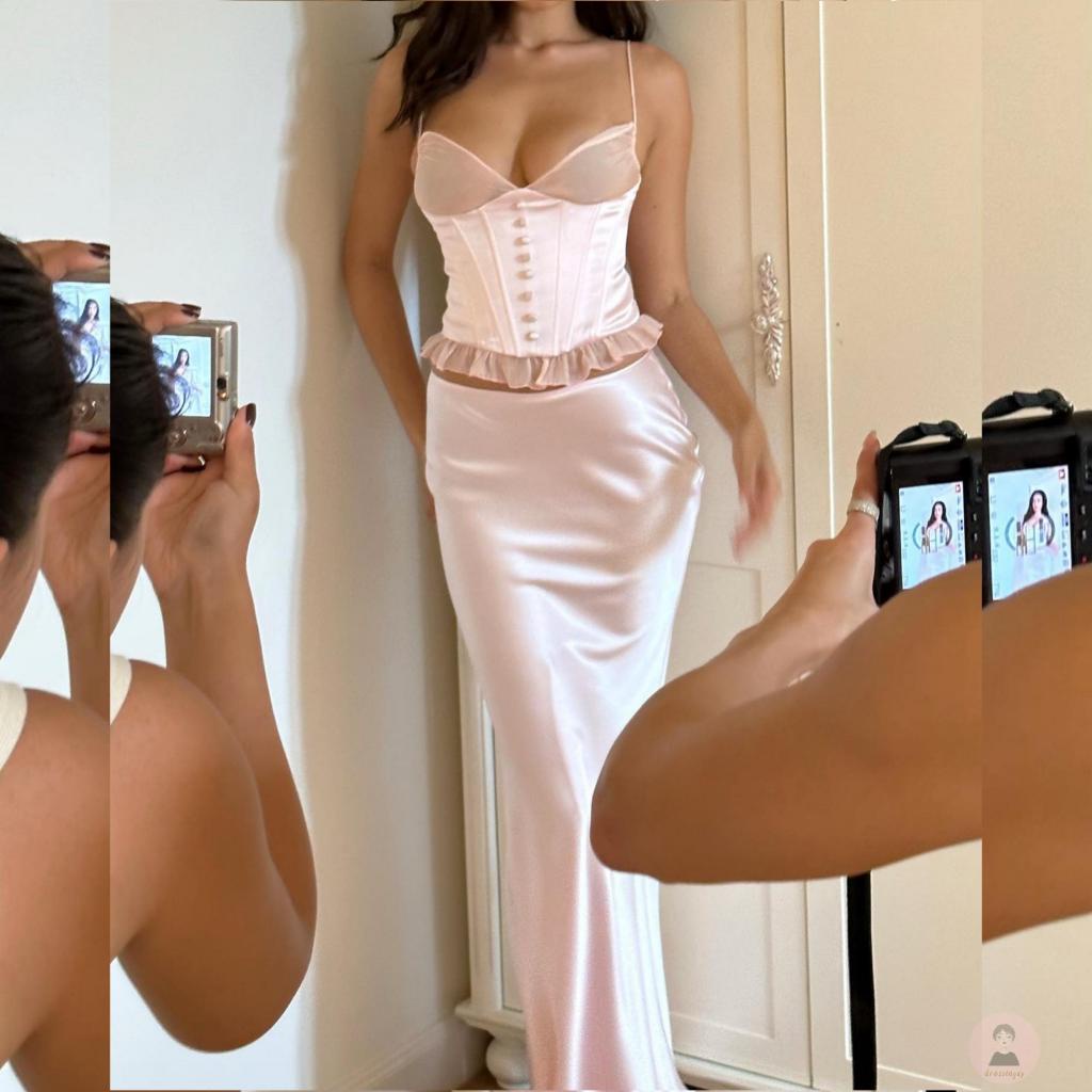 Set Áo Ren Không Tay Cổ Chữ V Khóa Kéo + Chân Váy Dài Phong Cách Đường Phố Cho Nữ