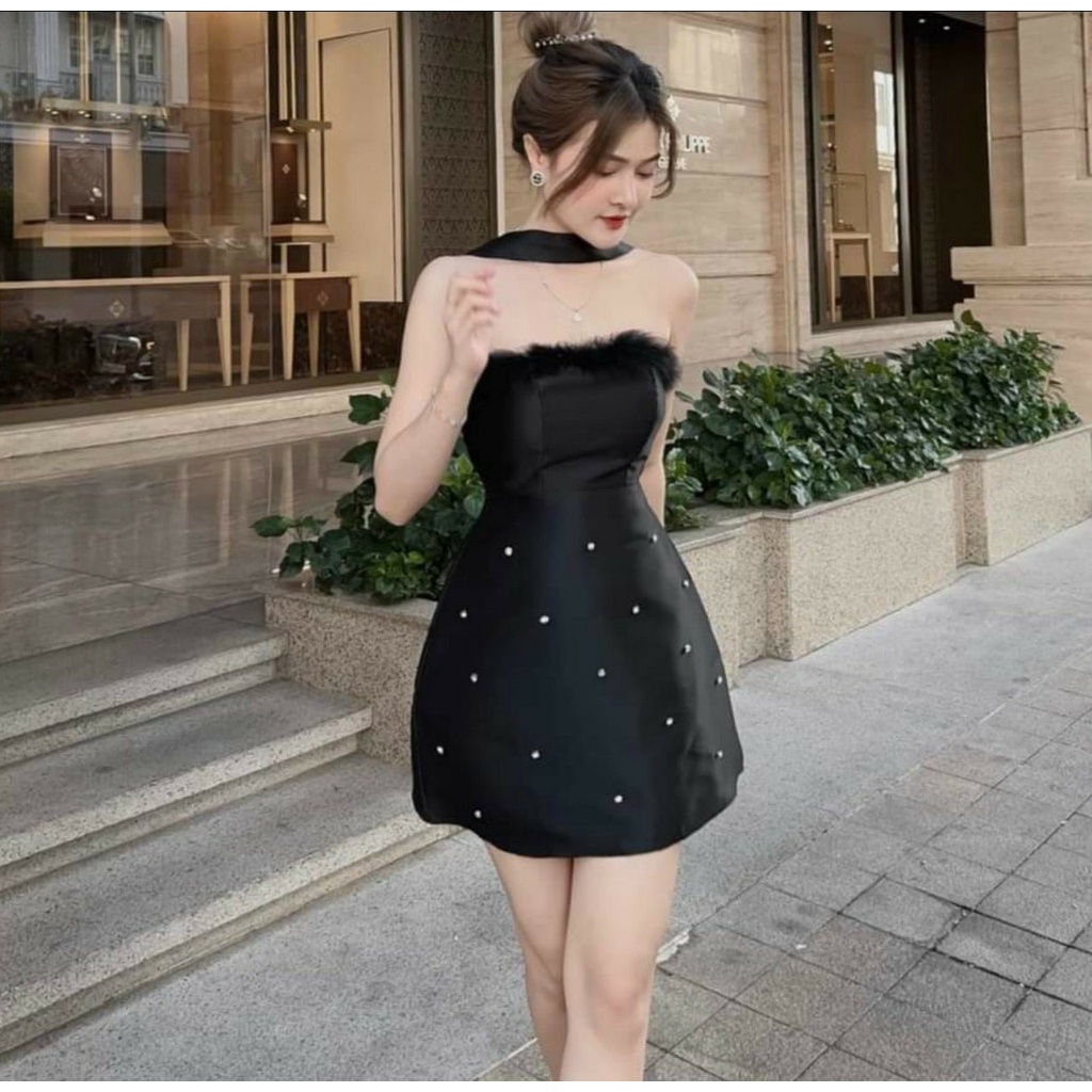 Đầm Cúp Ngực Phối Viền Lông Dây Chocker Cổ - D102