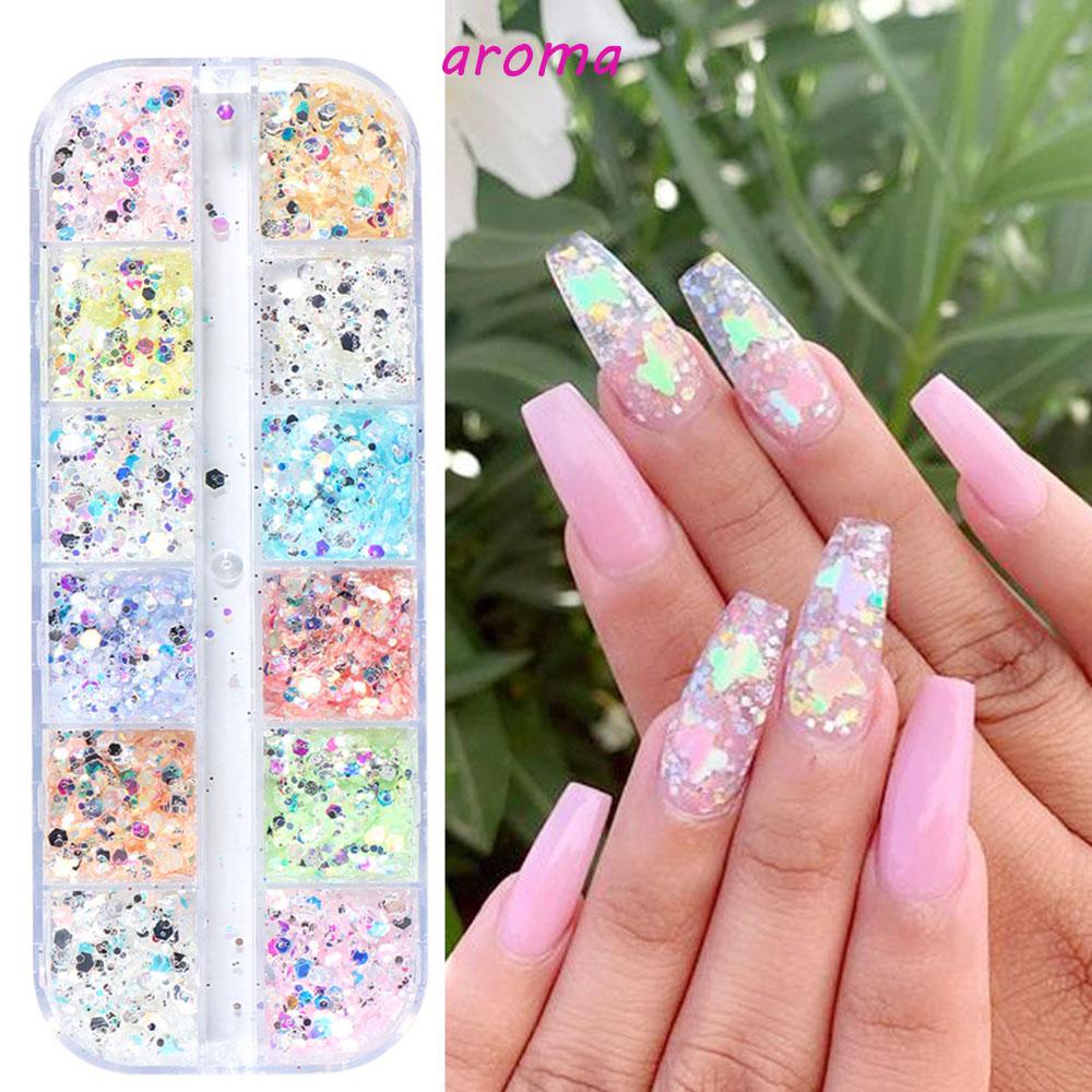 AROMA Hộp 12 Ngăn Đựng Hạt Kim Tuyến Trang Trí Móng Tay Màu Sắc Tươi Sáng DIY