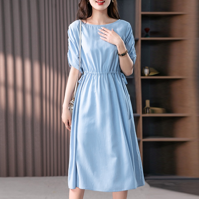 Zanzea Đầm Tay Ngắn Cổ Tròn Màu Trơn Phối Dây Rút Phong Cách Hàn Quốc Thời Trang Cho Nữ