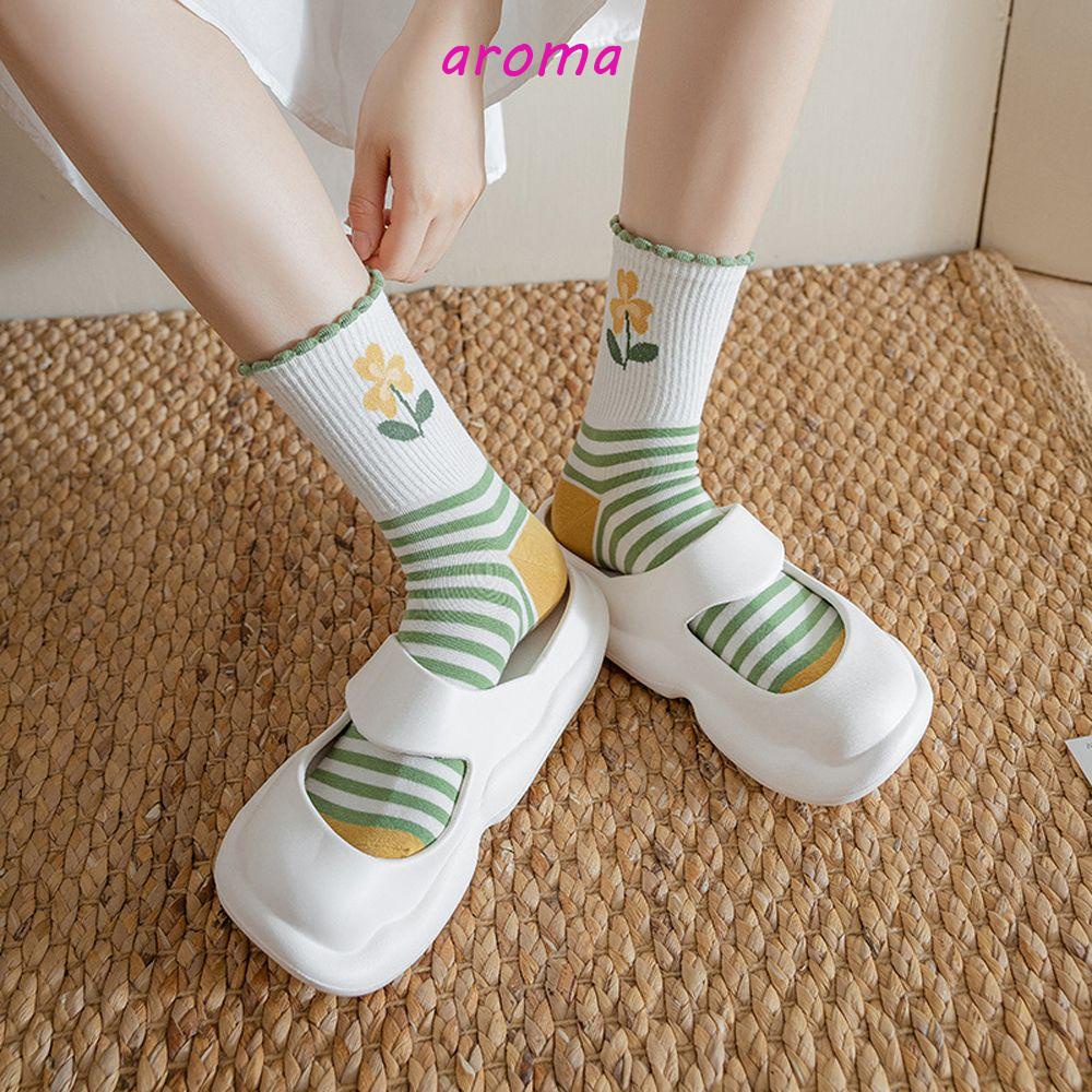 AROMA Tất Thể Thao Chất Liệu Cotton Hoa Tulip Phong Cách Nhật Bản Giản Dị Dành Cho Nữ