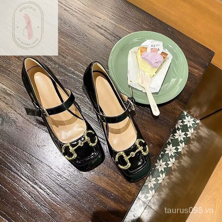 Giày Cao Gót 6-8cm Da PU Mũi Vuông Miệng Nông Màu Trơn Dễ Thương