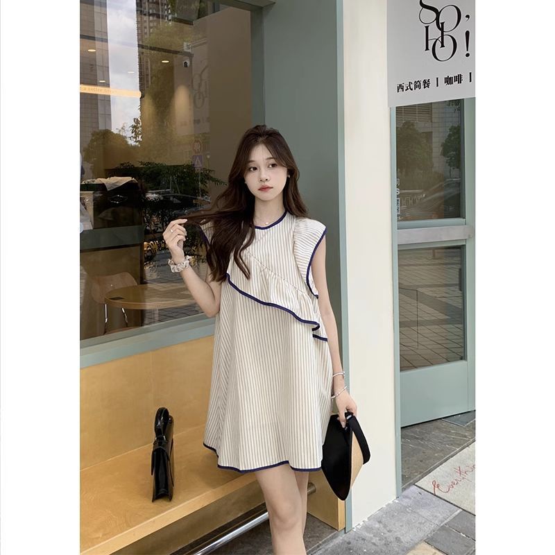 Đầm Không Tay Nhún Bèo Họa Tiết Kẻ Sọc Phong Cách Hàn Quốc Cho Nữ