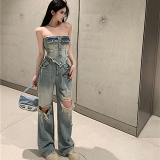 Bộ áo ống + quần jean lưng cao phối rách thời trang quyến rũ dễ phối đồ