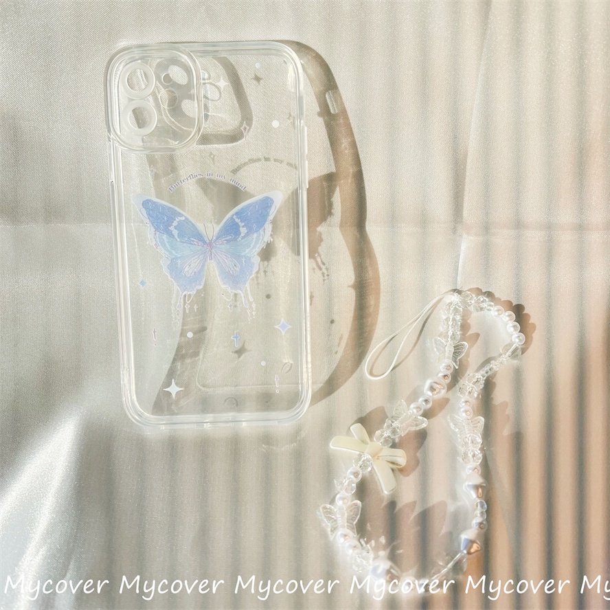 Ốp Điện Thoại Silicon Mềm Chống Sốc Hình Bướm Gắn Dây Đeo Chuỗi Hạt Cho iPhone 11 12 13 14 Pro Max X Xr Xs 8 7 6 Plus SE 2020