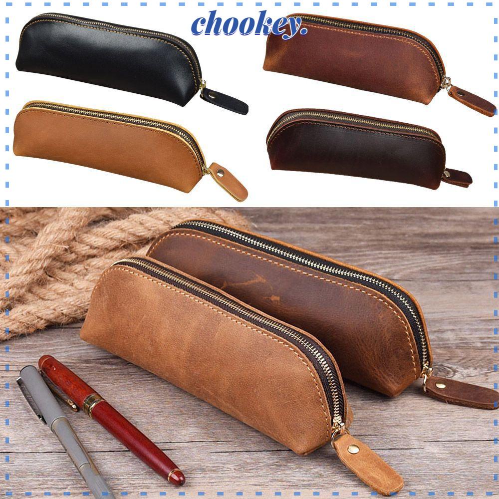 CHOOKEY Túi Đựng Bút Bằng Da Bò Có Khóa Kéo Thiết Kế Đơn Giản Ốp