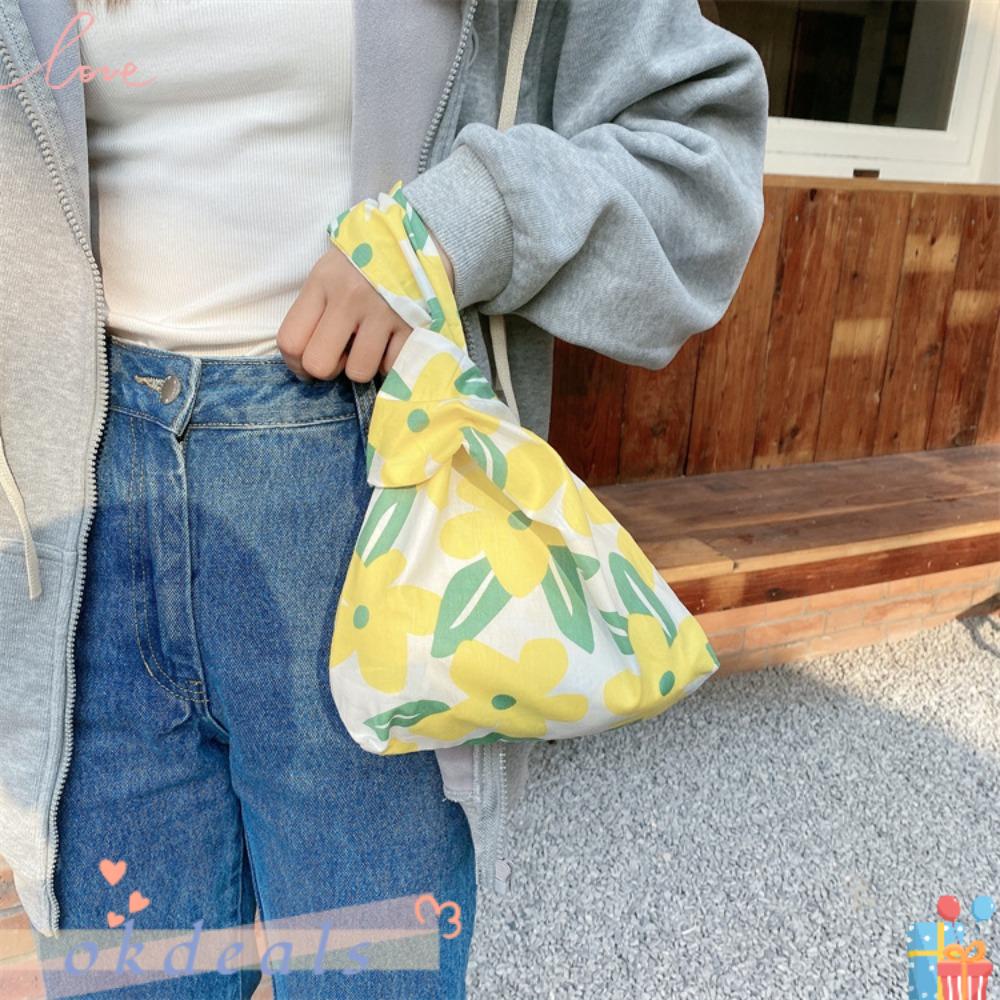 OKDEALS Túi Xách Đeo Cổ Tay Thắt Nút Gọn Nhẹ Họa Tiết Hoa Mini Bằng Vải Bạt Chống Nước Đơn Giản Cho Mua Sắ