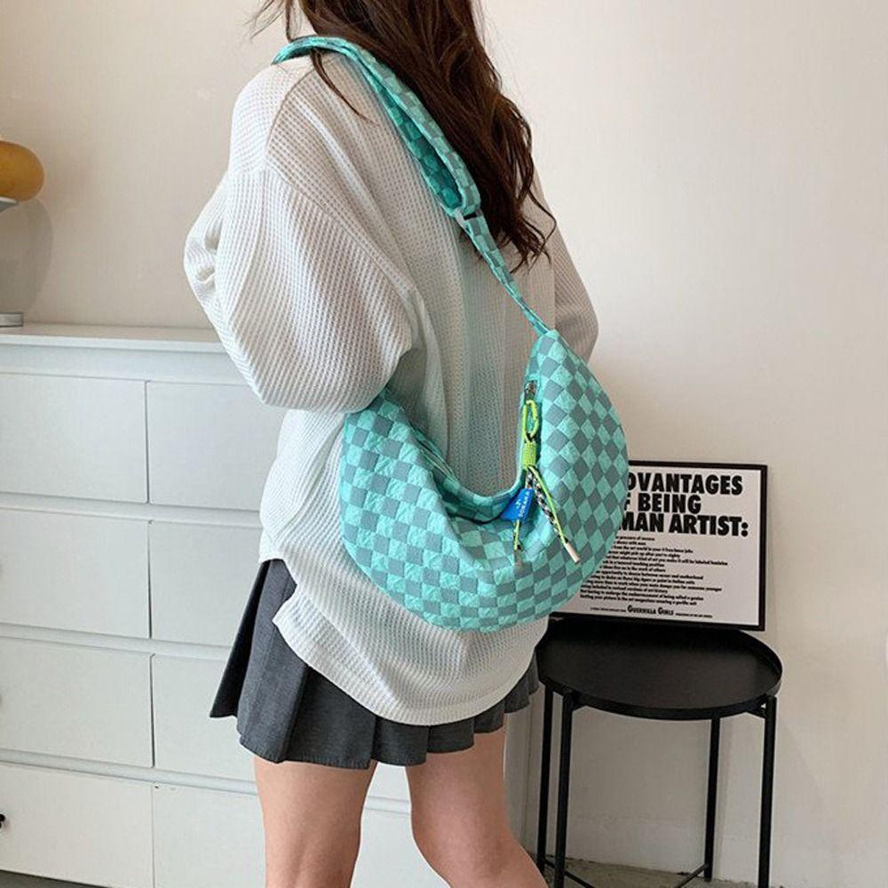 FALLFORBEAUTY Túi Đeo Chéo Bằng Nylon Mềm Nhẹ Họa Tiết Sọc Caro Hình Bán Nguyệt Và Mặt Trăng