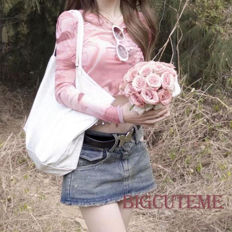 Áo Thun Crop Top Tay Dài Cổ Tròn In Màu Loang Thời Trang Cho Nữ