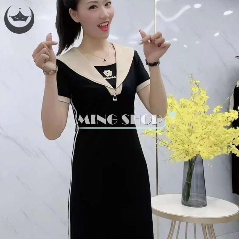 Đầm Midi Cổ Thủy Thủ Kẻ Sọc Phối Túi Thời Trang Mùa Hè Cho Nữ
