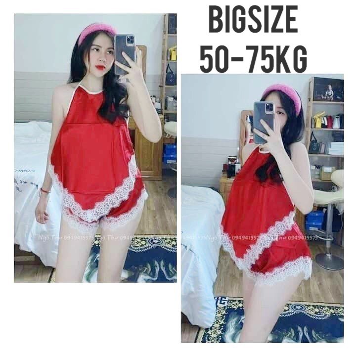 BIGSIZE 60 75KG Set Bộ Yếm Phi Lụa Bigsize Phối Ren Cột Dây Hở Lưng Gợi Cảm Vải Dày Mịn Đẹp Đồ Bộ Ngủ Sexy Gợi Cảm