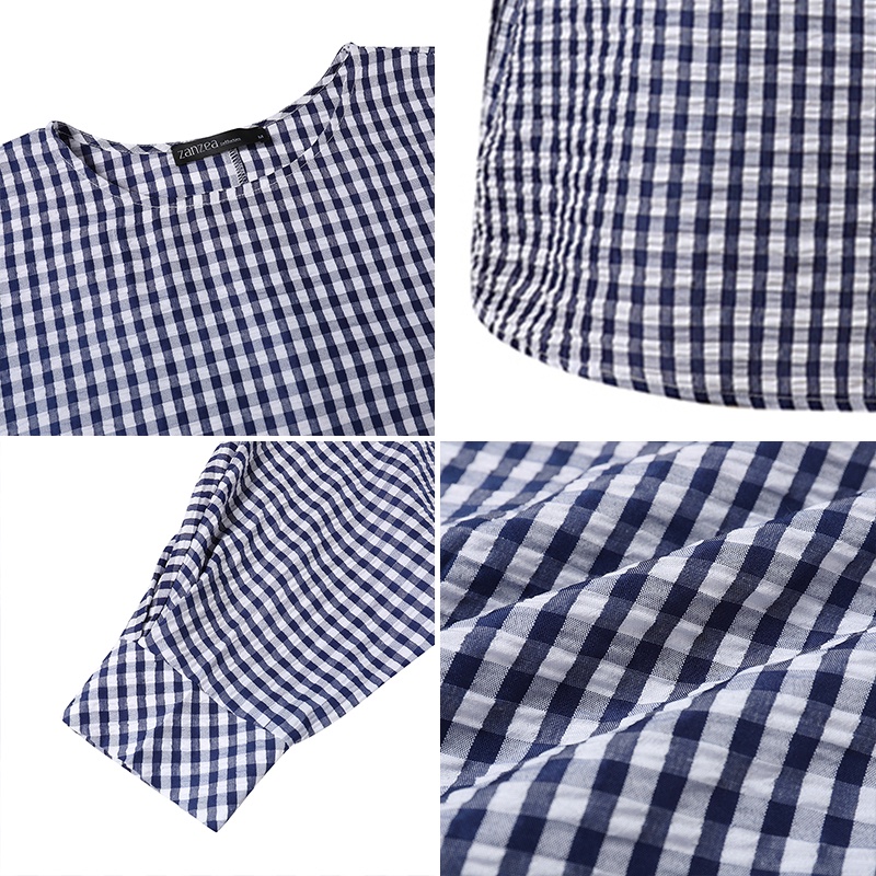 ZANZEA Áo Cánh Dơi 3 / 4 Hở Lưng Họa Tiết Sọc Caro Thời Trang Cho Nữ