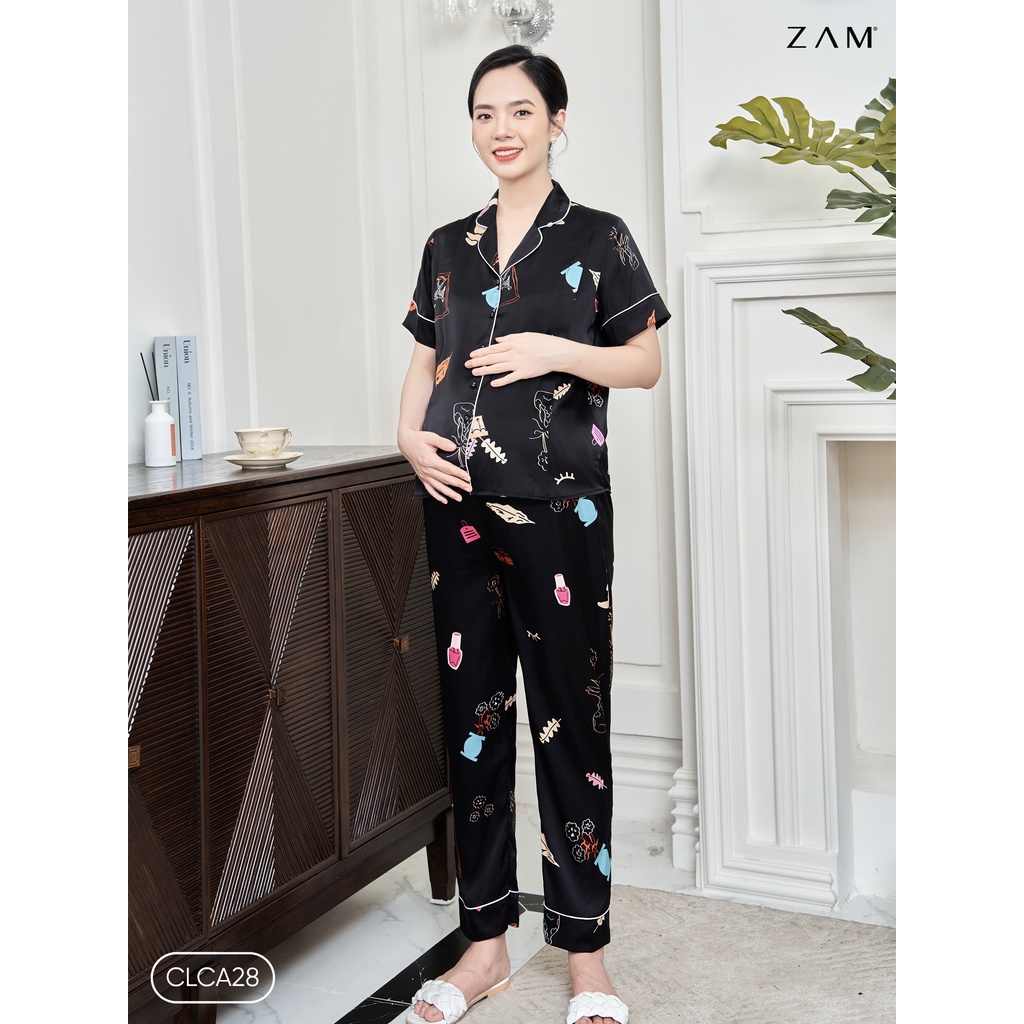 Zam luxury - CLCA28 - Bộ ngắn tay quần dài bầu hoạ tiết - ĐEN TAG HỒNG