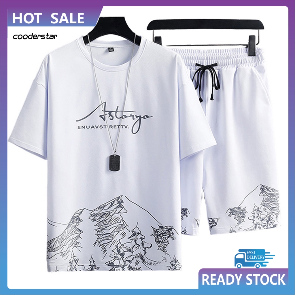 Set Đồ Thể Thao 2 Món Gồm Áo Thun Tay Ngắn Cổ Tròn + Quần Short Dáng Rộng Phối Dây Rút Co Giãn In Họa Tiết Núi
