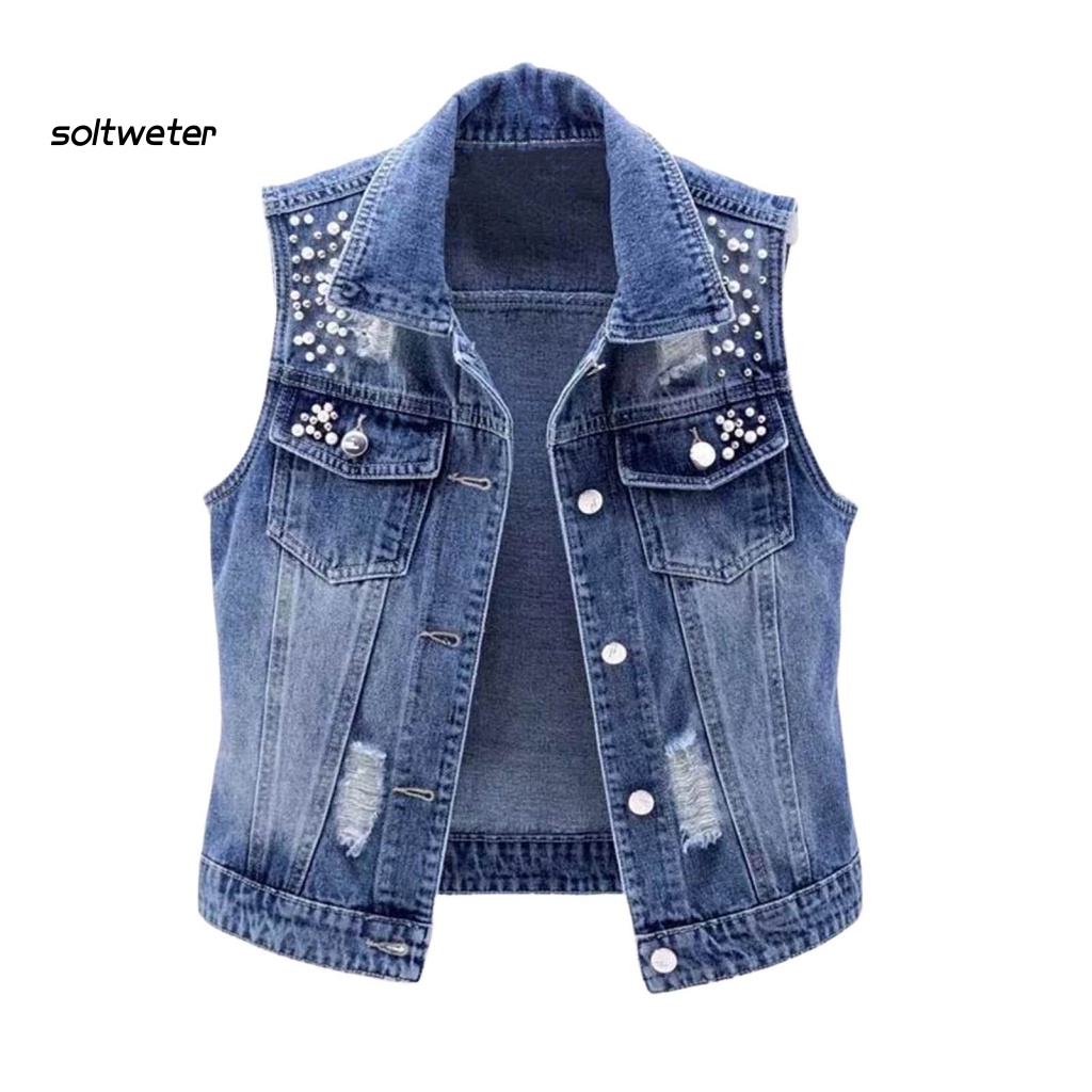 Áo Khoác Denim Sát Nách Màu Trơn Cài Một Hàng Nút Có Túi Và Lỗ Xỏ Hạt Trang Trí Đường Phố Cho Nữ