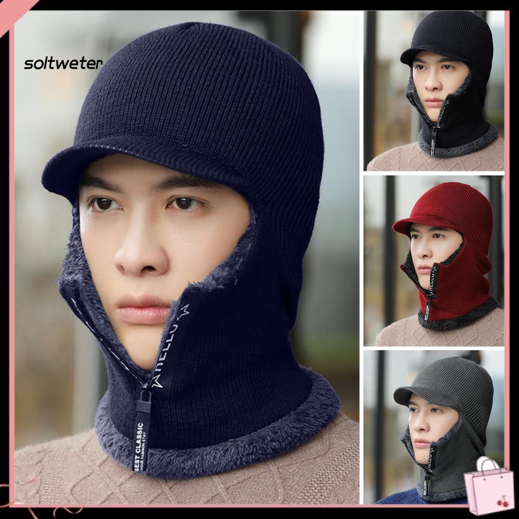 Mũ Giữ Nhiệt Dệt Kim Lót Lông Cừu Màu Trơn Bảo Vệ Cổ 2 Trong 1 Có Khóa Kéo Cho Nam
