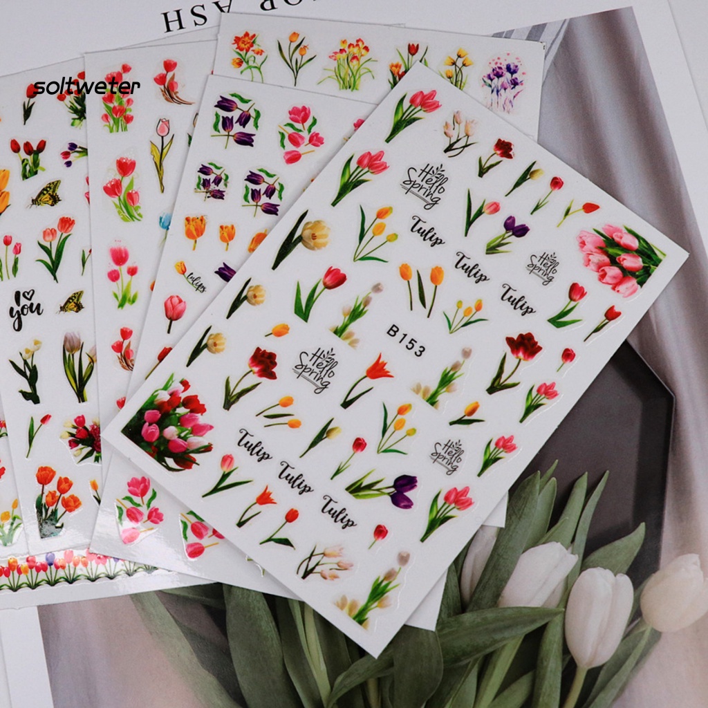 1 Bộ Miếng Dán Móng Tay Bằng Nhựa Resin Chống Nước In Hình Hoa Tulip DIY