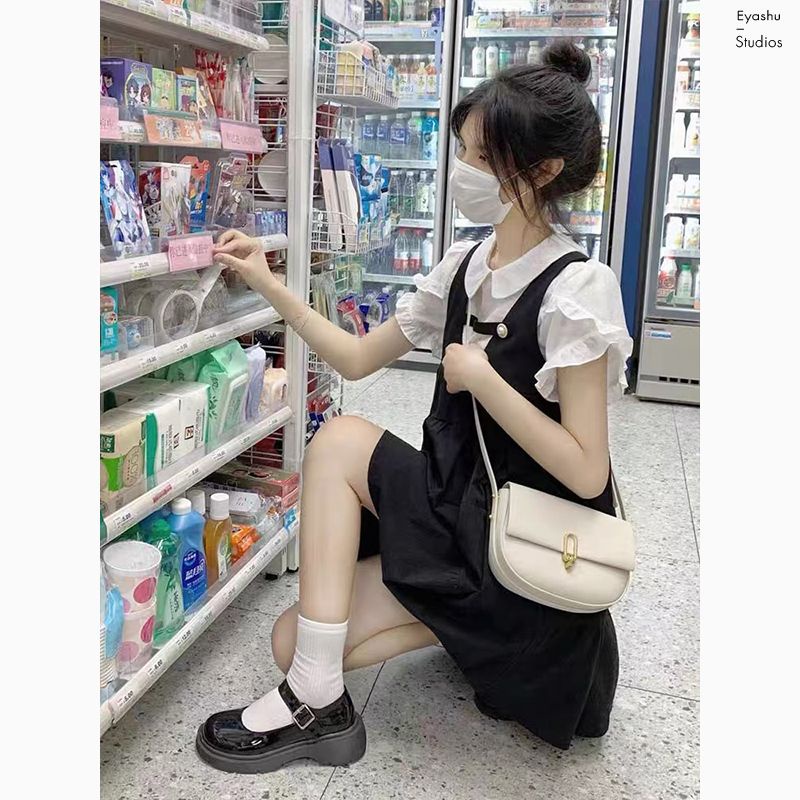 Váy yếm đầm babydoll Set Áo Sơ Mi Cổ Búp Bê,váy phong cách hàn quốc,chân váy dài mùa hè